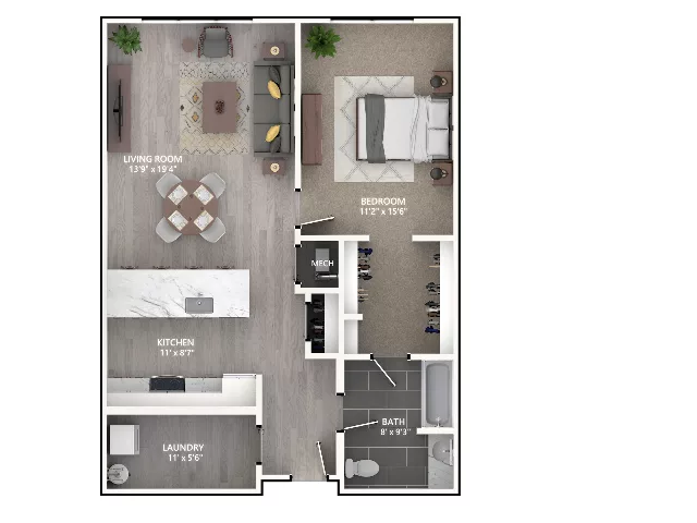 Rendering of the A6 floor plan with 1 bedroom[s] and 1 bathroom[s] at Emerson