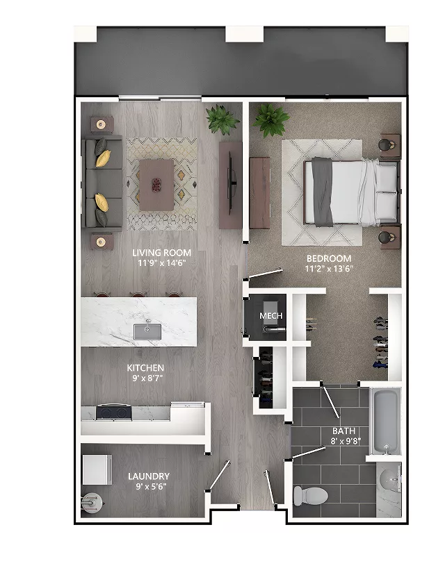 Rendering of the A2 floor plan with 1 bedroom[s] and 1 bathroom[s] at Emerson