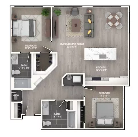 Rendering of the B3 floor plan with 2 bedroom[s] and 2 bathroom[s] at Emerson