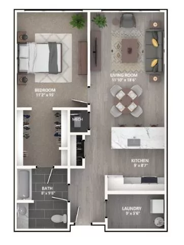 Rendering of the A5 floor plan with 1 bedroom[s] and 1 bathroom[s] at Emerson
