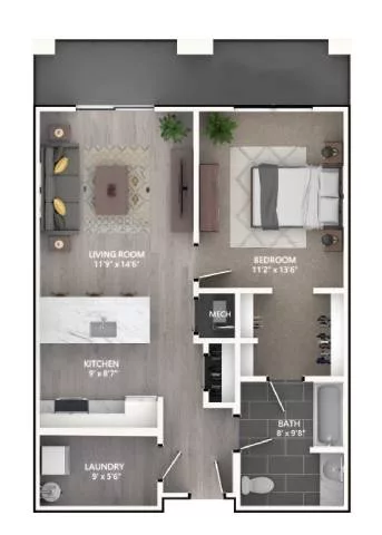 Rendering of the A2 floor plan with 1 bedroom[s] and 1 bathroom[s] at Emerson
