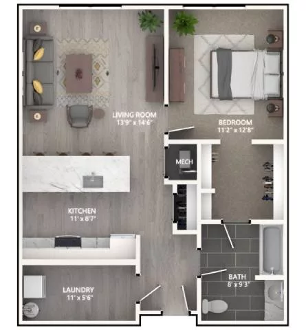 Rendering of the A4 floor plan with 1 bedroom[s] and 1 bathroom[s] at Emerson