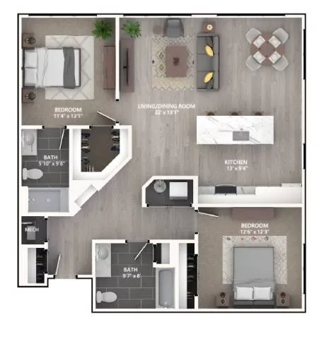 Rendering of the B4 floor plan with 2 bedroom[s] and 2 bathroom[s] at Emerson