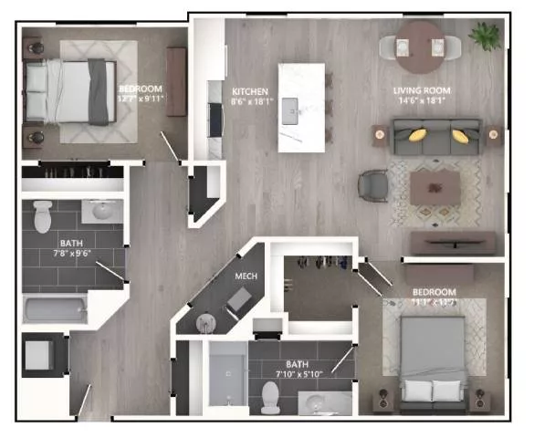 Rendering of the B2 floor plan with 2 bedroom[s] and 2 bathroom[s] at Emerson