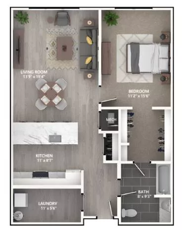 Rendering of the A6 floor plan with 1 bedroom[s] and 1 bathroom[s] at Emerson