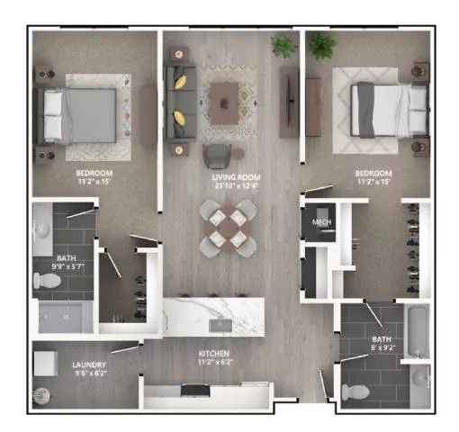Rendering of the B7 floor plan with 2 bedroom[s] and 2 bathroom[s] at Emerson