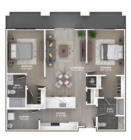 Rendering of the B5 floor plan with 2 bedroom[s] and 2 bathroom[s] at Emerson