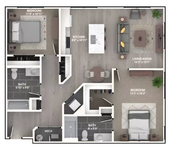Rendering of the B1 floor plan with 2 bedroom[s] and 2 bathroom[s] at Emerson