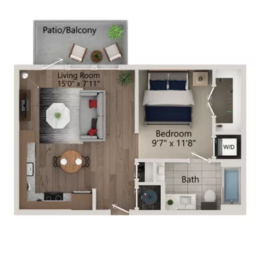 Rendering of the S3 floor plan with a Studio bedroom and 1 bathroom[s] at Ferro Yardi