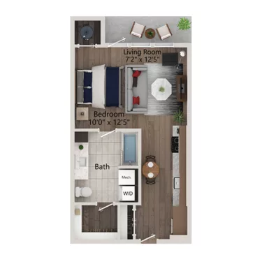 Rendering of the S4 floor plan with a Studio bedroom and 1 bathroom[s] at Ferro Yardi