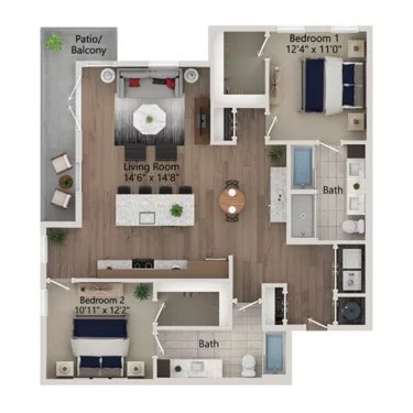 Rendering of the B15 floor plan with 2 bedroom[s] and 2 bathroom[s] at Ferro Yardi