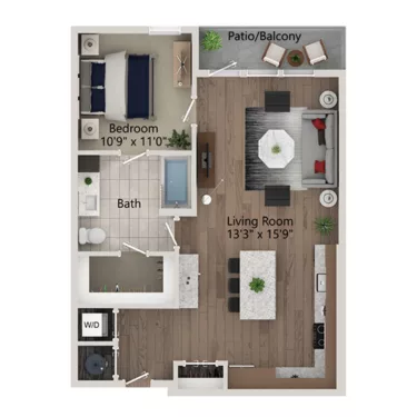 Rendering of the A5 floor plan with 1 bedroom[s] and 1 bathroom[s] at Ferro Yardi