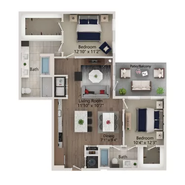 Rendering of the B4 floor plan with 2 bedroom[s] and 2 bathroom[s] at Ferro Yardi