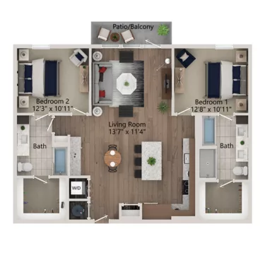 Rendering of the B11 floor plan with 2 bedroom[s] and 2 bathroom[s] at Ferro Yardi