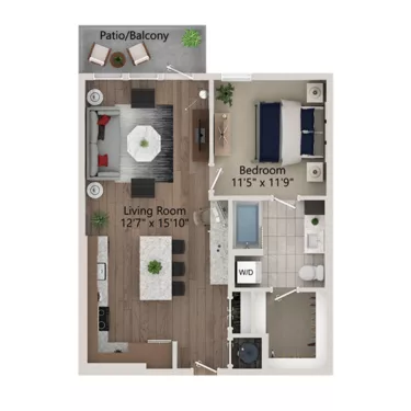 Rendering of the A4 floor plan with 1 bedroom[s] and 1 bathroom[s] at Ferro Yardi
