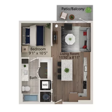Rendering of the S2 - 564 floor plan with a Studio bedroom and 1 bathroom[s] at Ferro Yardi