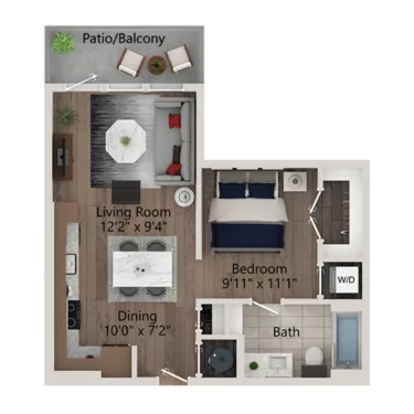 Rendering of the S5 floor plan with a Studio bedroom and 1 bathroom[s] at Ferro Yardi