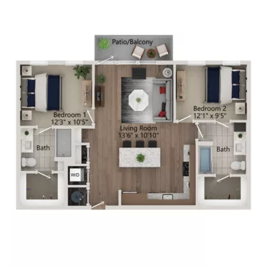 Rendering of the B1 floor plan with 2 bedroom[s] and 2 bathroom[s] at Ferro Yardi