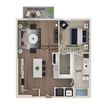 Rendering of the A8 floor plan with 1 bedroom[s] and 1 bathroom[s] at Ferro Yardi