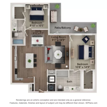 Rendering of the B5 - 1097 floor plan with 2 bedroom[s] and 2 bathroom[s] at Ferro Yardi