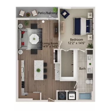 Rendering of the A9 floor plan with 1 bedroom[s] and 1 bathroom[s] at Ferro Yardi