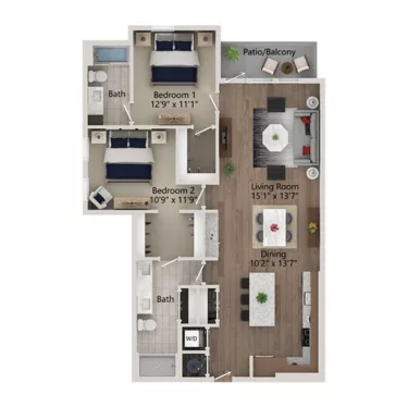 Rendering of the B10 floor plan with 2 bedroom[s] and 2 bathroom[s] at Ferro Yardi