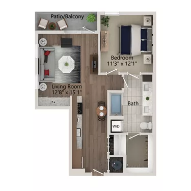 Rendering of the A6 floor plan with 1 bedroom[s] and 1 bathroom[s] at Ferro Yardi