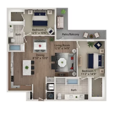 Rendering of the B14 floor plan with 2 bedroom[s] and 2 bathroom[s] at Ferro Yardi
