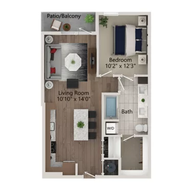 Rendering of the A3 floor plan with 1 bedroom[s] and 1 bathroom[s] at Ferro Yardi