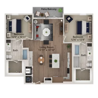 Rendering of the B12 floor plan with 2 bedroom[s] and 2 bathroom[s] at Ferro Yardi