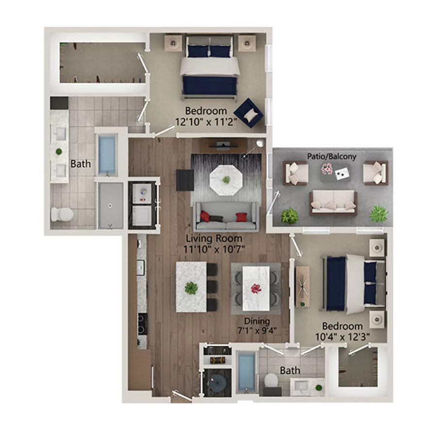 Rendering of the B4 floor plan with 2 bedroom[s] and 2 bathroom[s] at Ferro Yardi