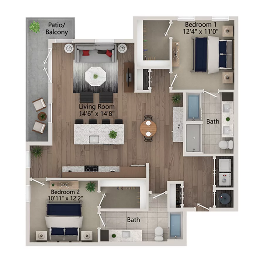 Rendering of the B15 floor plan with 2 bedroom[s] and 2 bathroom[s] at Ferro Yardi
