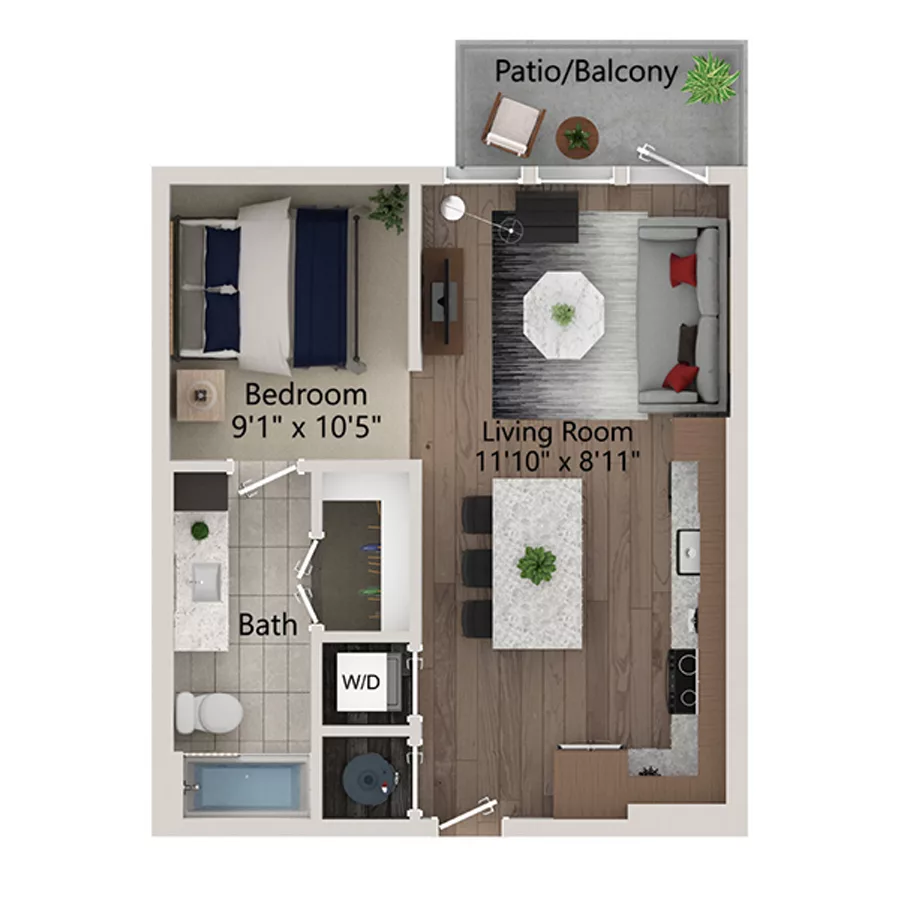 Rendering of the S2 - 564 floor plan with a Studio bedroom and 1 bathroom[s] at Ferro Yardi