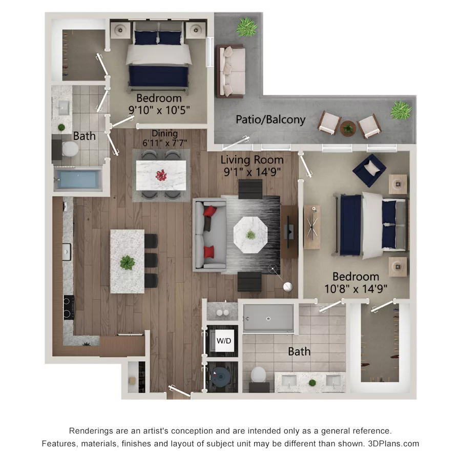 Rendering of the B5 - 1097 floor plan with 2 bedroom[s] and 2 bathroom[s] at Ferro Yardi