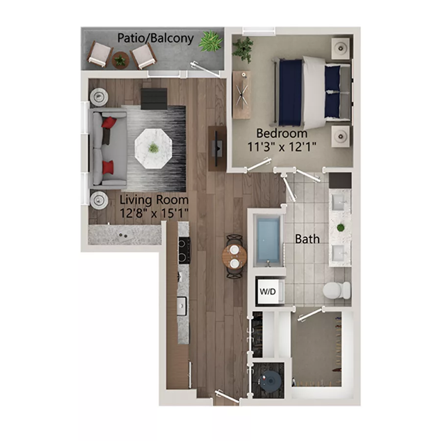 Rendering of the A6 floor plan with 1 bedroom[s] and 1 bathroom[s] at Ferro Yardi