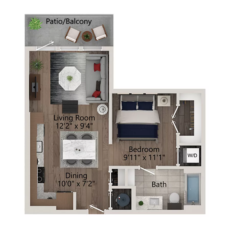 Rendering of the S5 floor plan with a Studio bedroom and 1 bathroom[s] at Ferro Yardi