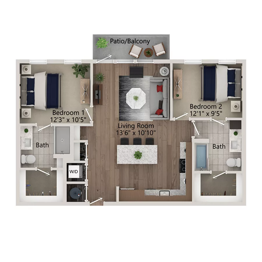Rendering of the B1 floor plan with 2 bedroom[s] and 2 bathroom[s] at Ferro Yardi