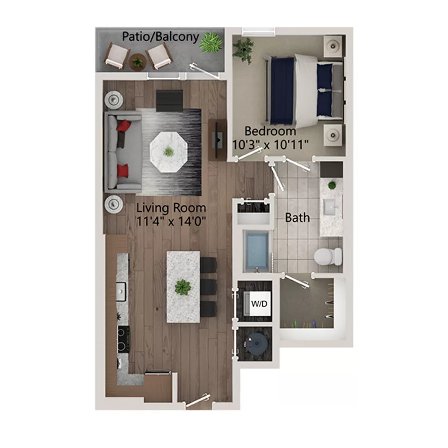 Rendering of the A1 floor plan with 1 bedroom[s] and 1 bathroom[s] at Ferro Yardi