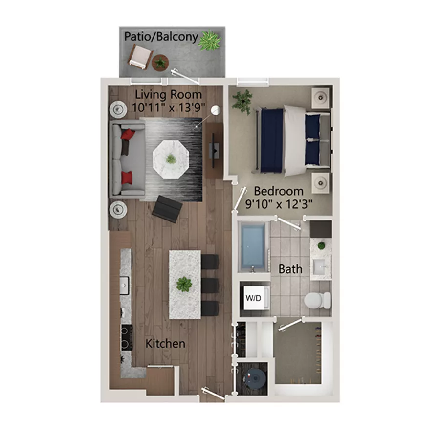 Rendering of the A2 - 660 floor plan with 1 bedroom[s] and 1 bathroom[s] at Ferro Yardi