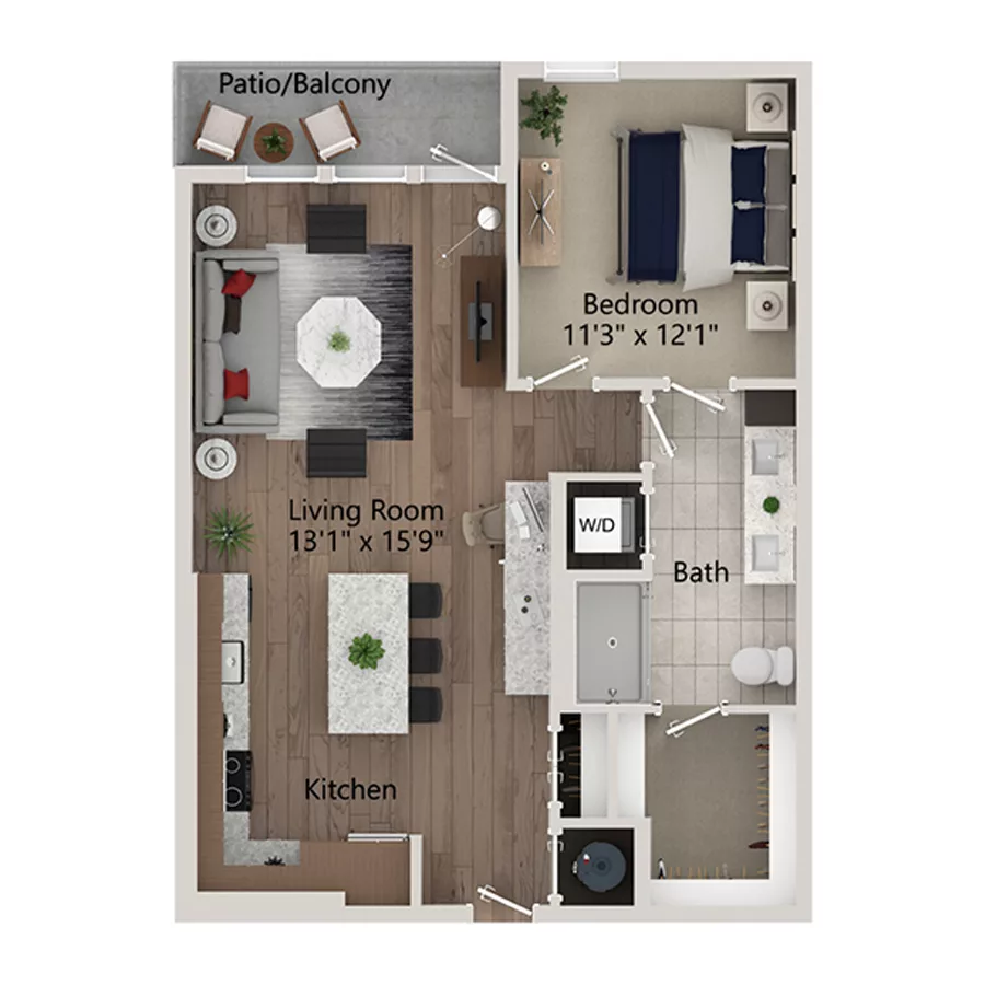 Rendering of the A7 floor plan with 1 bedroom[s] and 1 bathroom[s] at Ferro Yardi
