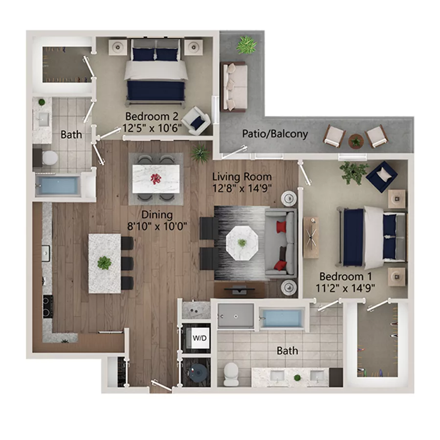 Rendering of the B14 floor plan with 2 bedroom[s] and 2 bathroom[s] at Ferro Yardi