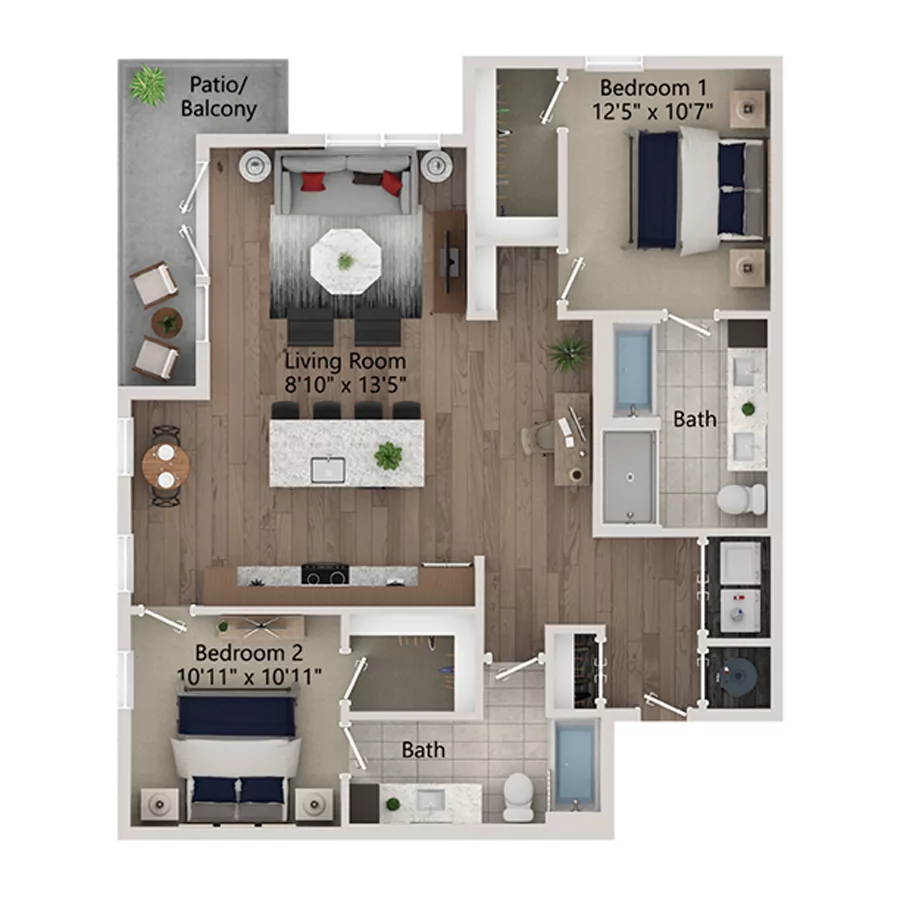 Rendering of the B8 floor plan with 2 bedroom[s] and 2 bathroom[s] at Ferro Yardi
