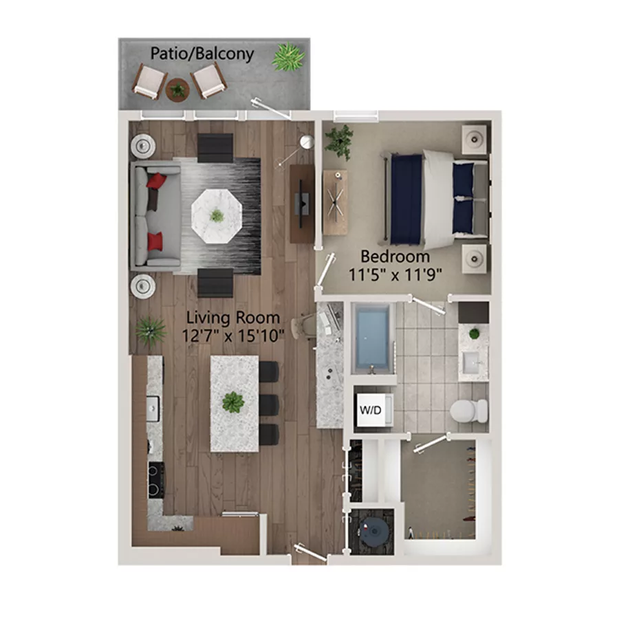Rendering of the A4 floor plan with 1 bedroom[s] and 1 bathroom[s] at Ferro Yardi