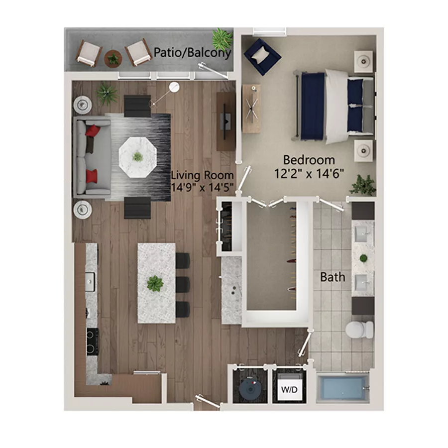 Rendering of the A9 floor plan with 1 bedroom[s] and 1 bathroom[s] at Ferro Yardi