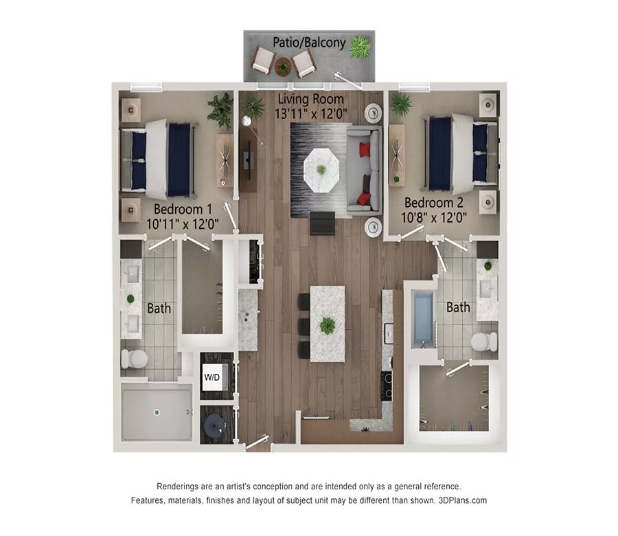 Rendering of the B3 - 1062 floor plan with 2 bedroom[s] and 2 bathroom[s] at Ferro Yardi