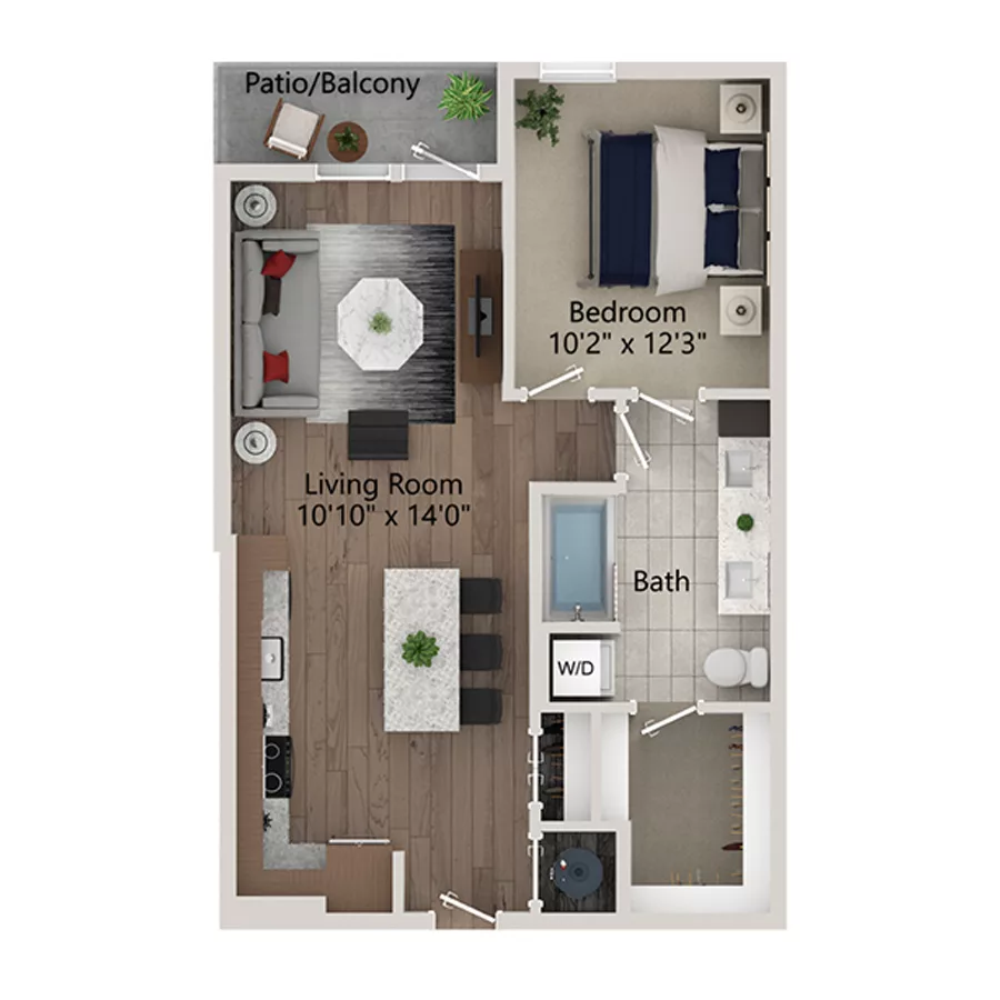 Rendering of the A3 floor plan with 1 bedroom[s] and 1 bathroom[s] at Ferro Yardi