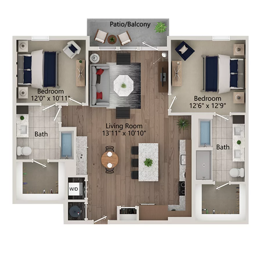 Rendering of the B12 floor plan with 2 bedroom[s] and 2 bathroom[s] at Ferro Yardi