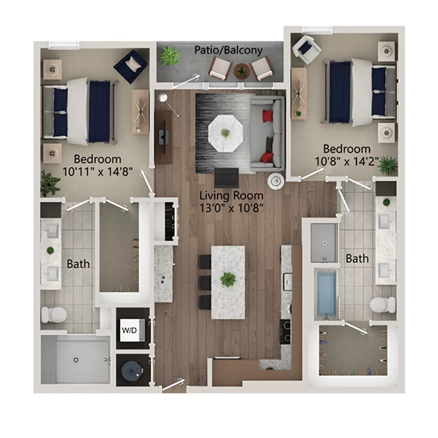 Rendering of the B9 floor plan with 2 bedroom[s] and 2 bathroom[s] at Ferro Yardi