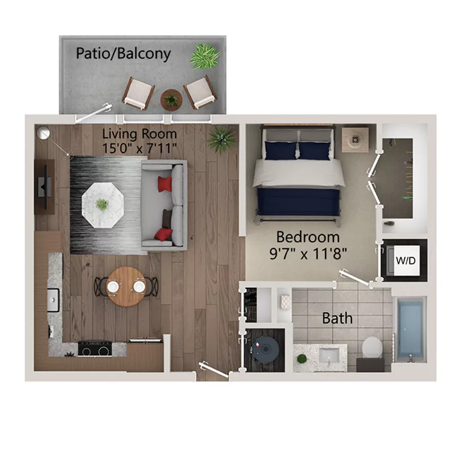 Rendering of the S3 floor plan with a Studio bedroom and 1 bathroom[s] at Ferro Yardi