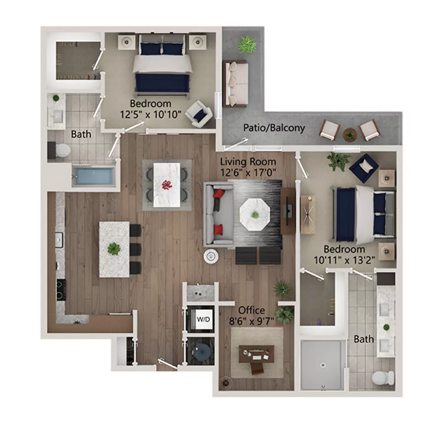 Rendering of the B1D floor plan with 2 bedroom[s] and 2 bathroom[s] at Ferro Yardi